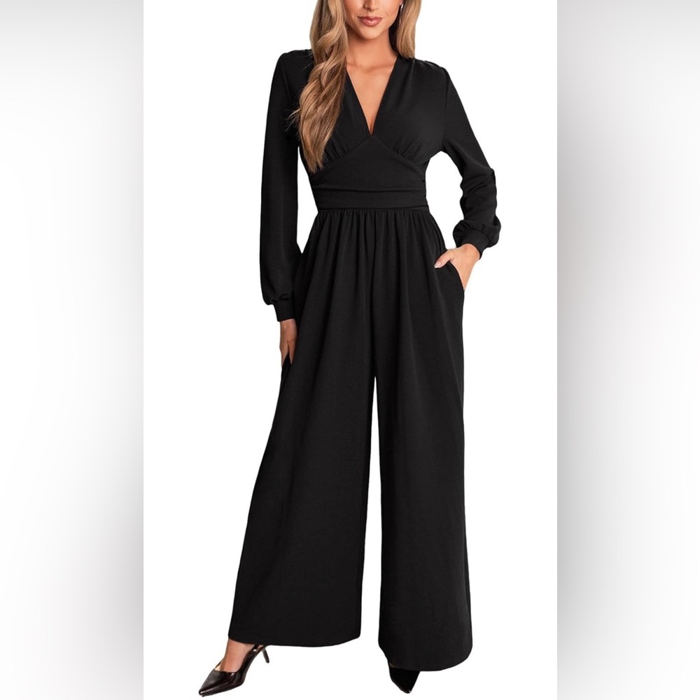 Cupshe Black Long-Sleeve Wide-Leg Jumpsuit with Waist Detail